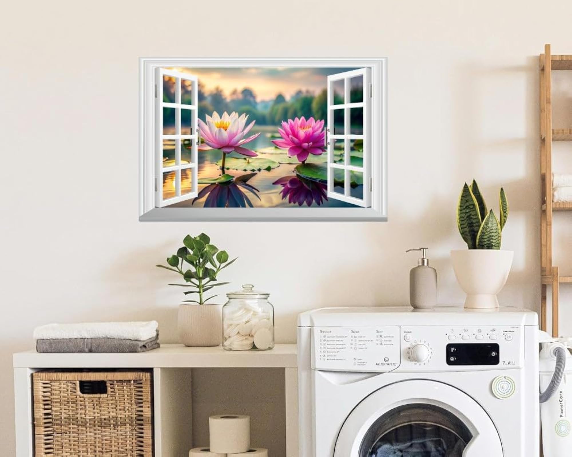 Window Sticker with Pink Lotus Flowers on Pond